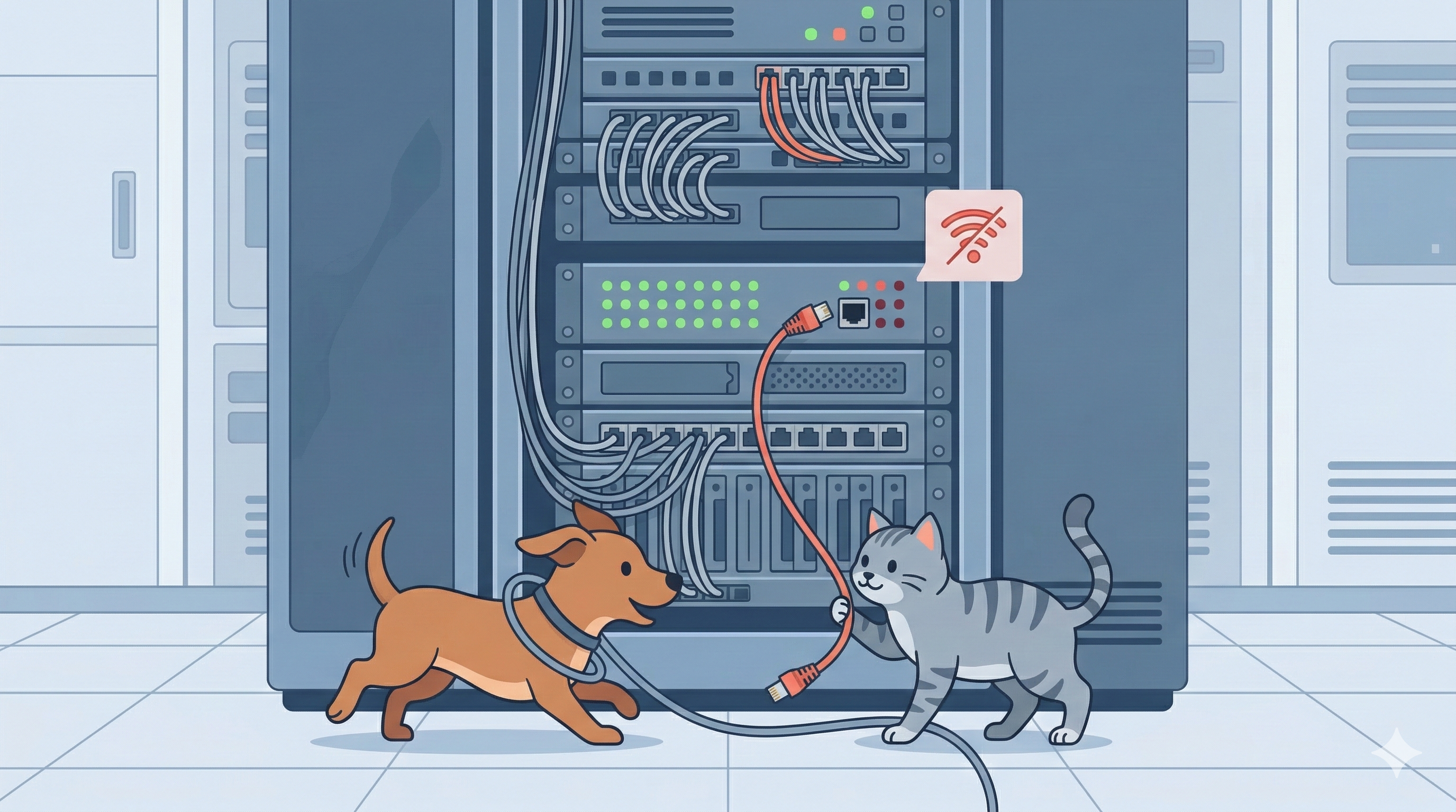 Ilustración de servidor con cable desconectado por mascotas